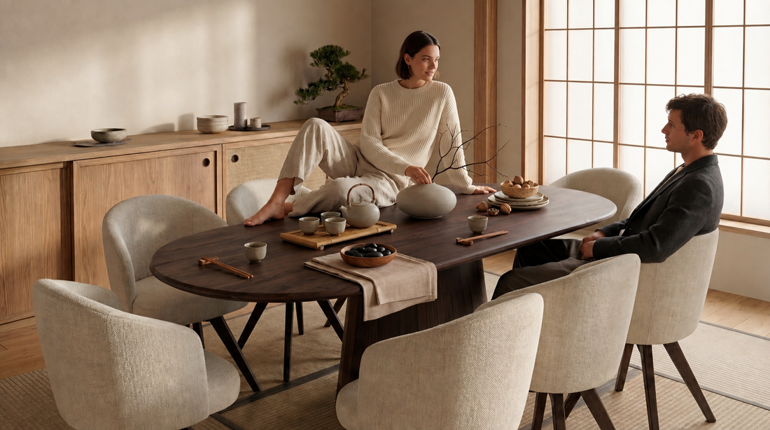 Stoelen met bouclestoffering rond een eettafel