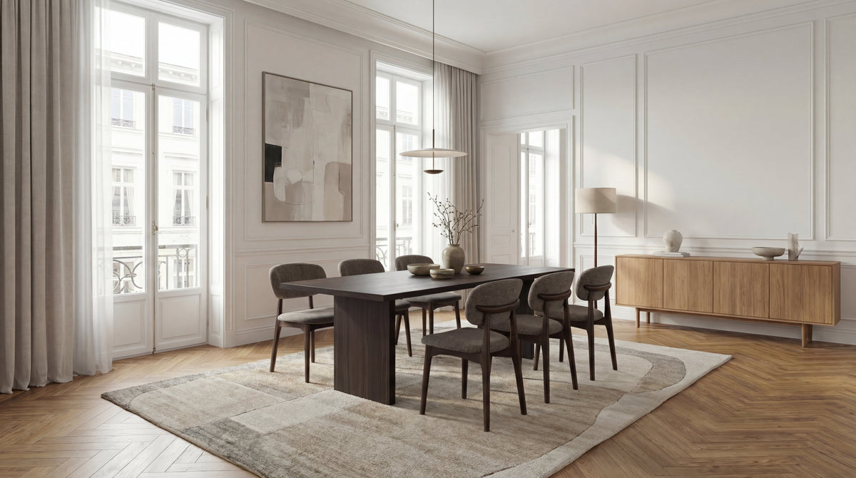 Eetkamer met stoelen rond een lange tafel